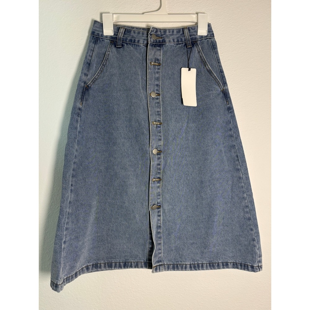 Dazy Blue Denim Midi Skirt Button Front High Waisted A-Line Medium Wash Medium